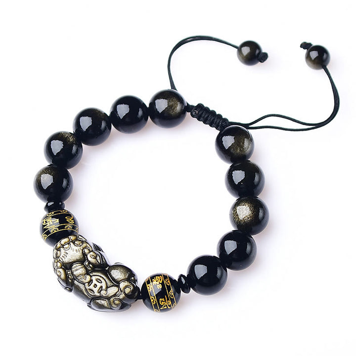 Bracciale intrecciato con Buddha Stones, lucentezza naturale dell'oro, ossidiana, PiXiu Om Mani Padme Hum, ricchezza