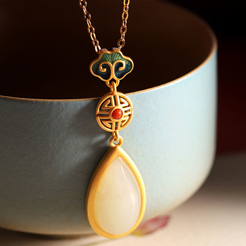 Collana con ciondolo a forma di goccia d'acqua in argento sterling 925 con giada bianca Hetian e bracciale