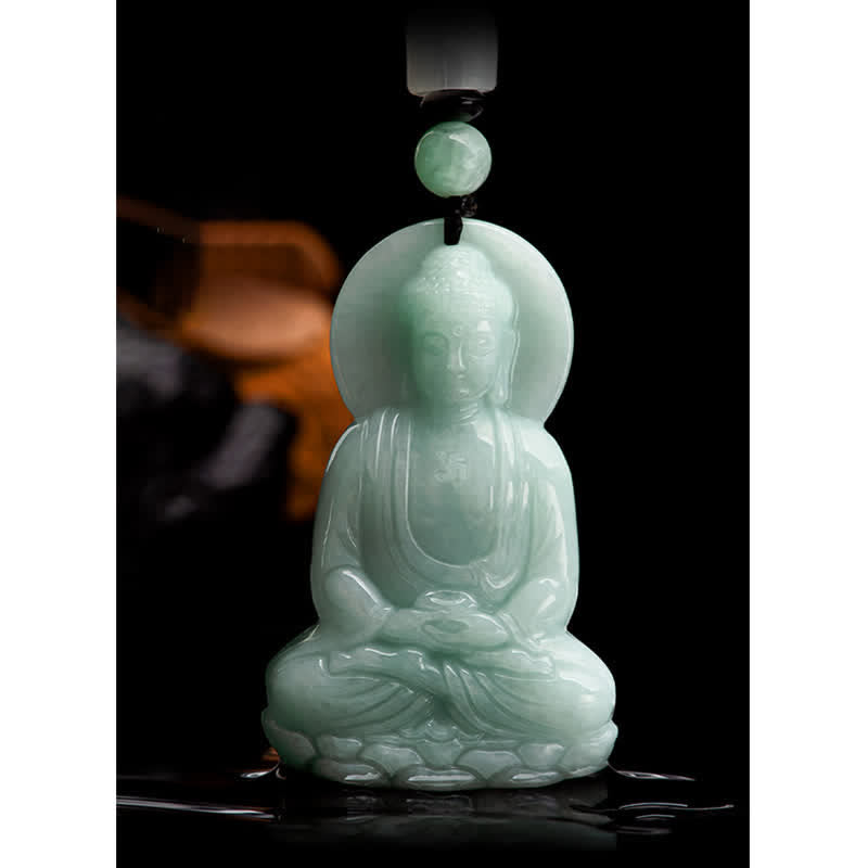 Buddha Stones Amitabha Buddha Amuleto di Giada Collana di Corda della Compassione