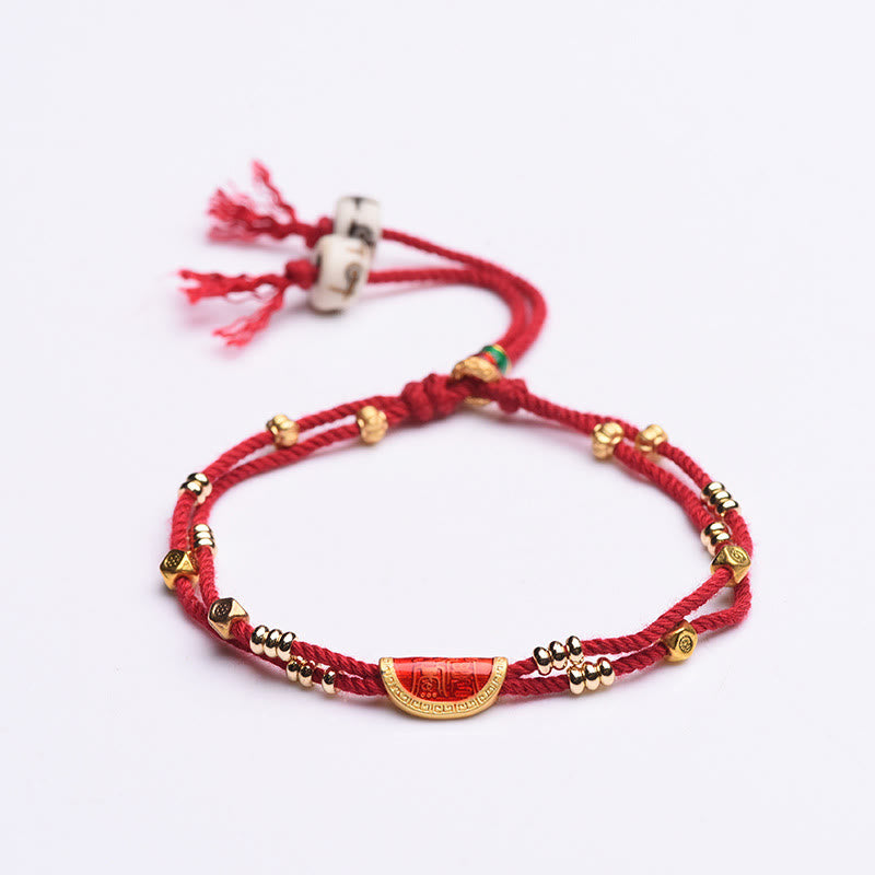 Braccialetto di corda rossa intrecciata con design di gnocchi di cinabro fatti a mano Buddha Stones