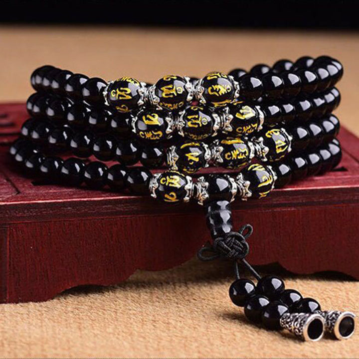 Bracciale Mala di protezione con sei vere parole in ossidiana nera Buddha Stones