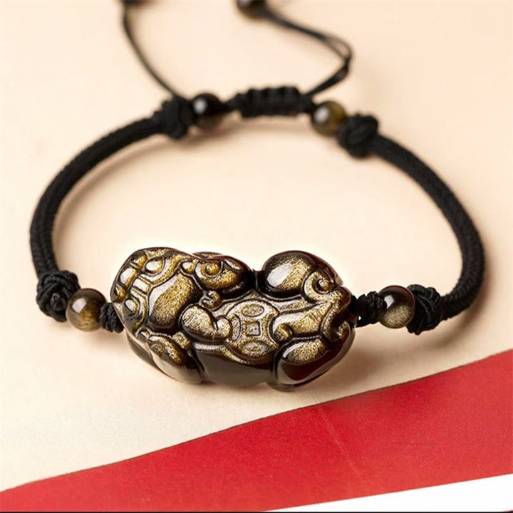 Braccialetto della ricchezza con moneta di PiXiu Cooper in ossidiana naturale, ametista, citrino e Buddha Stones