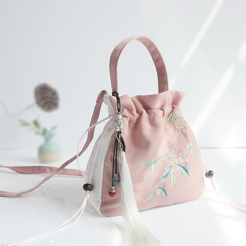 Borsa a tracolla in tela con fiori ricamati a mano con Buddha Stones
