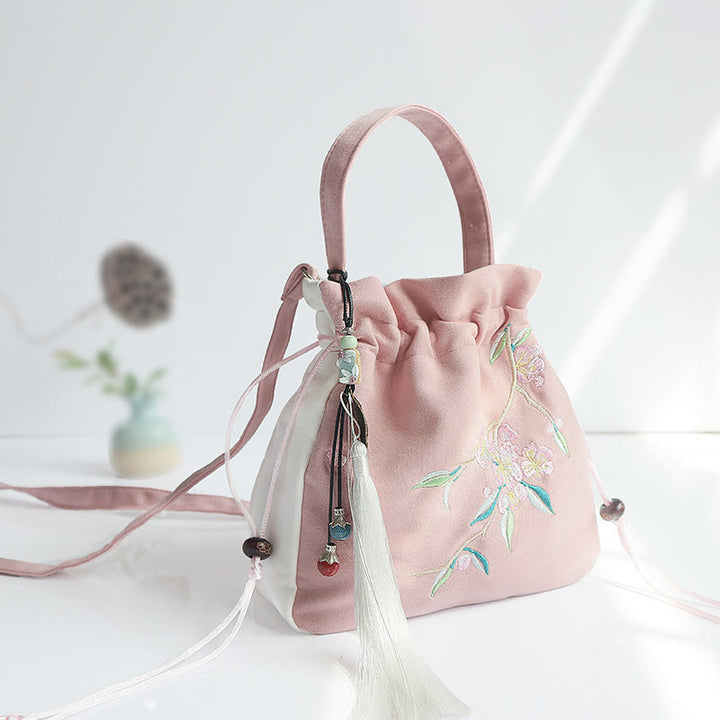Borsa a tracolla in tela con fiori ricamati a mano con Buddha Stones