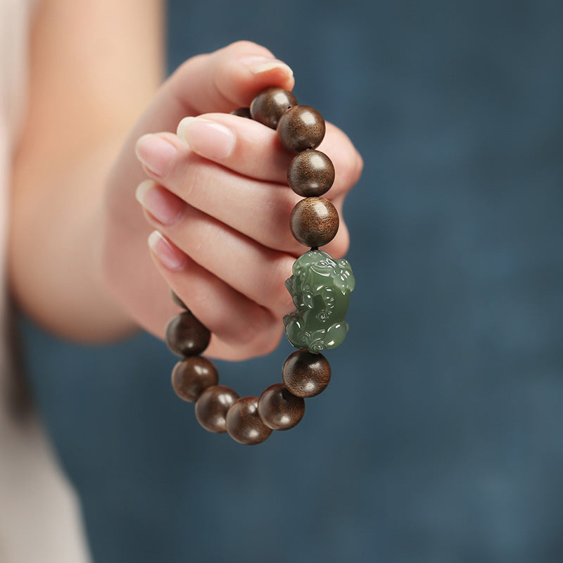 Bracciale Buddha Stones 925 Sterling Silver Brunei Agarwood PiXiu Jade Peace Strength