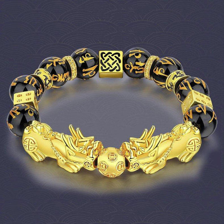 Braccialetto della ricchezza Om Mani Padme Hum Buddha Stones FengShui Double PiXiu Obsidian