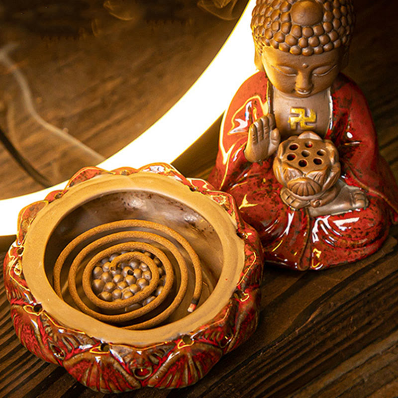 Buddha Stones Buddha Lotus Fontana di fumo a riflusso Bruciatore di incenso di benedizione in ceramica con decorazione luminosa