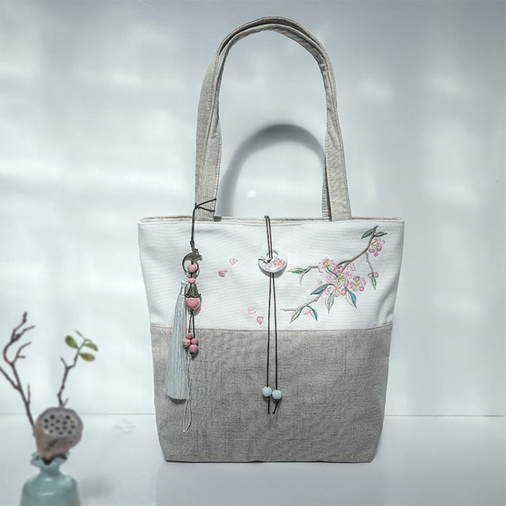 Borsa a tracolla grande capacità in tela con ricamo in bambù, prugna, fiore di pera, pesco