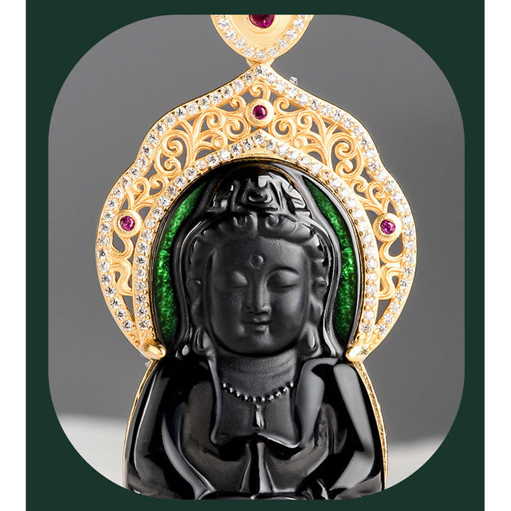 Buddha Stones 925 Sterling Silver Natural Black Jade Kwan Yin Avalokitesvara Collana con ciondolo Wealth - image 6