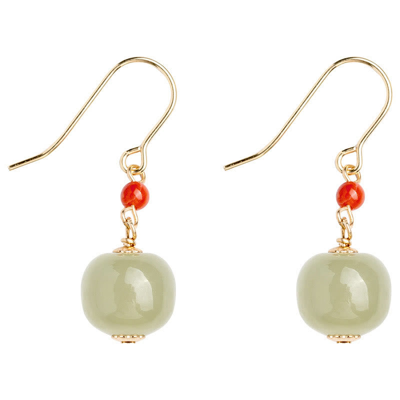 Orecchini pendenti con ciondolo a forma di goccia Buddha Stones in argento sterling 925 placcato oro 14K, giada di Hetian, agata rossa e portafortuna