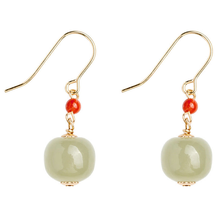 Orecchini pendenti con ciondolo a forma di goccia Buddha Stones in argento sterling 925 placcato oro 14K, giada di Hetian, agata rossa e portafortuna