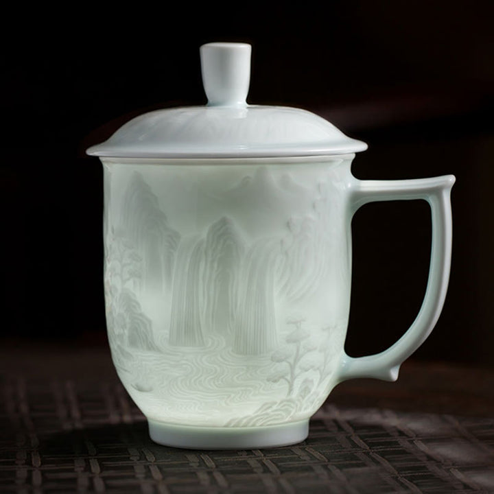Buddha Stones Jingdezhen porcellana bianca fatta a mano Grande Muraglia Paesaggio Tazza da tè in ceramica incisa Tazza da ufficio Tazze da tè