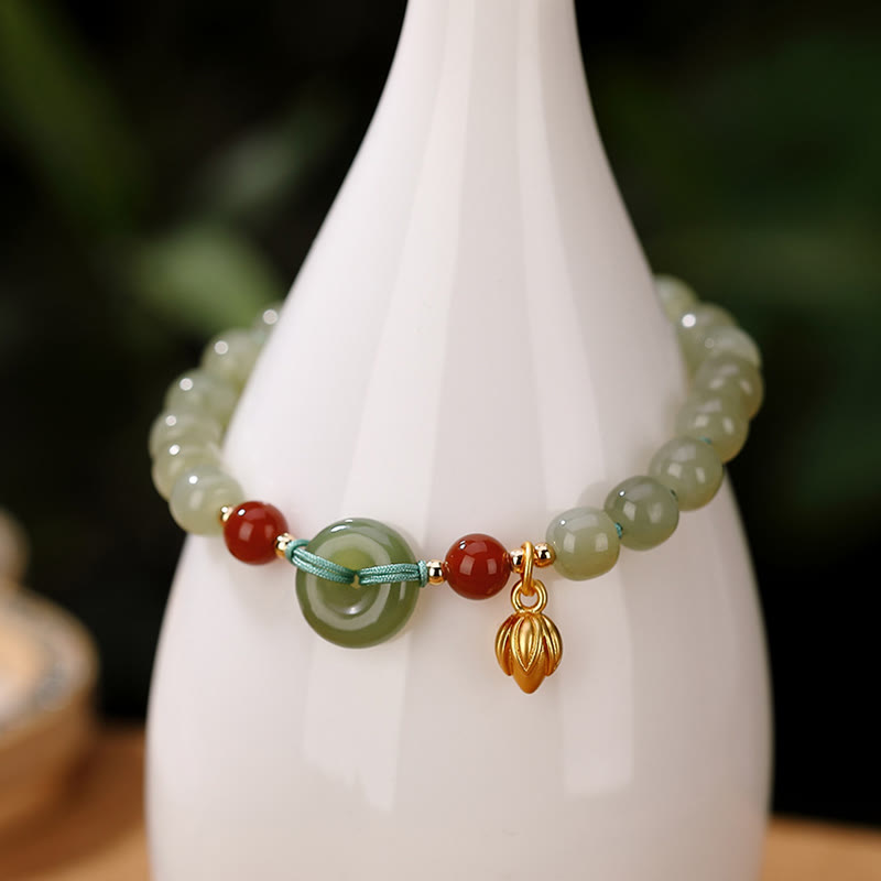 Braccialetto della fortuna in agata rossa con fibbia della pace in giada naturale Hetian in argento sterling 925 Buddha Stones
