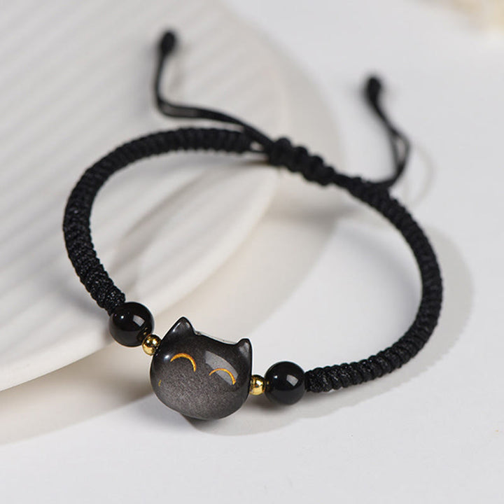 Braccialetto intrecciato con protezione per gatti carino, in ossidiana lucida d'argento naturale fatto a mano, al quarzo fragola, Buddha Stones - image 3