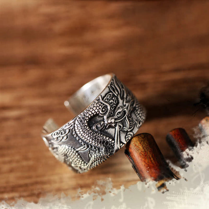 Anello di protezione e successo con motivo intagliato a drago in argento sterling 999 Buddha Stones