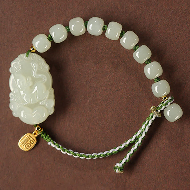 Braccialetto in argento sterling 925 con zodiaco cinese Hetian Jade Happiness Luck String