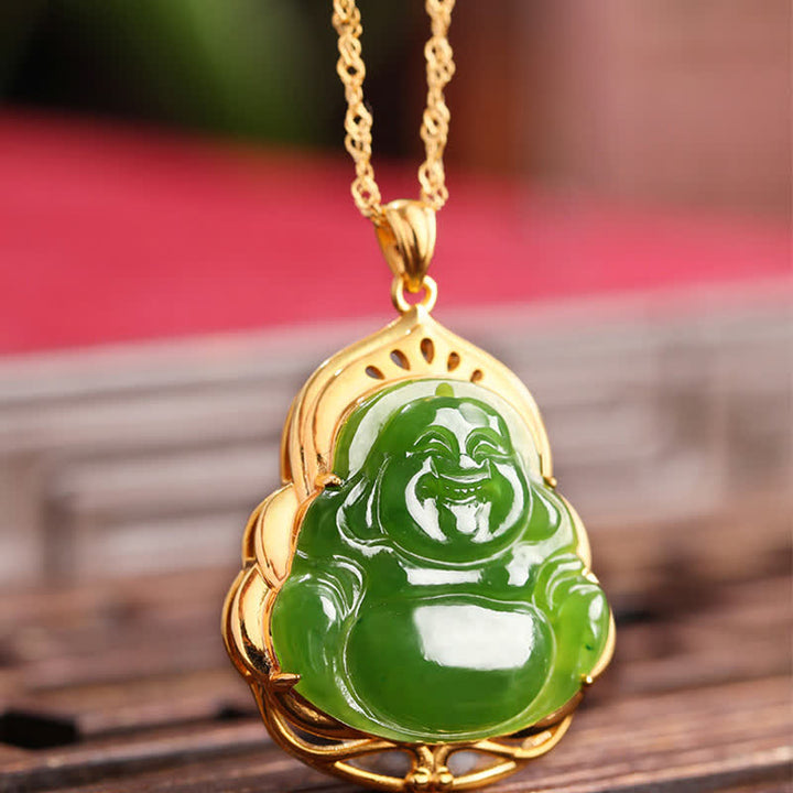 Collana con ciondolo a forma di Buddha che ride in argento sterling 925, giada ciano naturale di Hetian, oro 18 carati, catena di guarigione - image 5