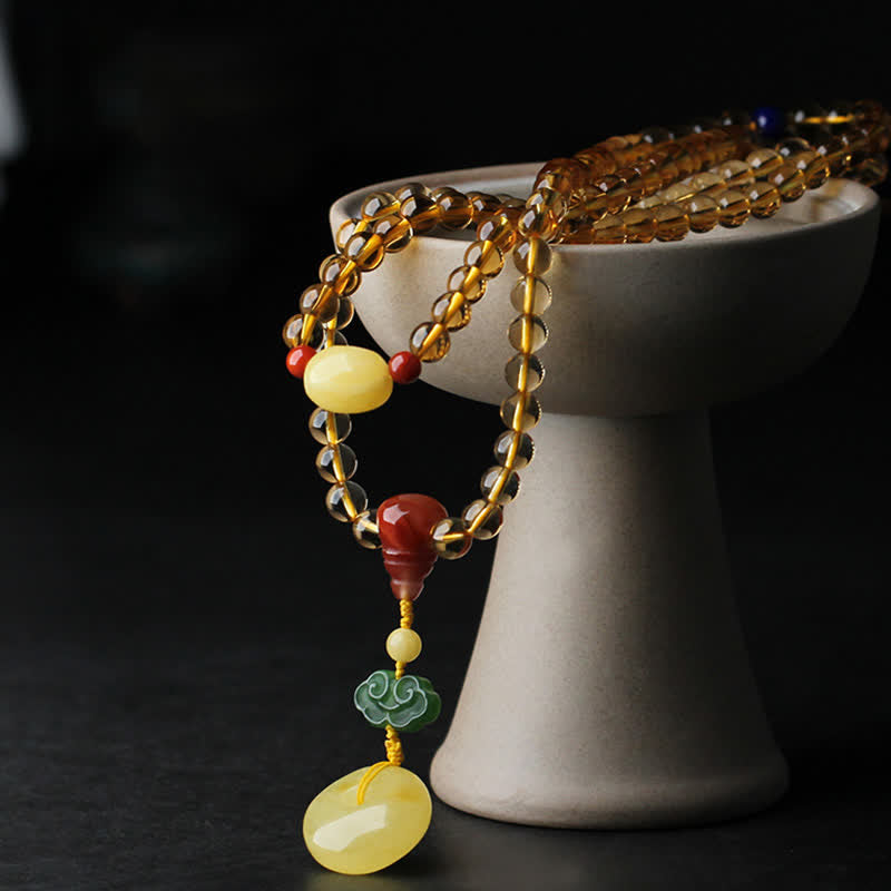 Braccialetto con ciondolo di protezione PiXiu, 108 perle di Mala, ambra citrino naturale, fibbia della pace, agata rossa