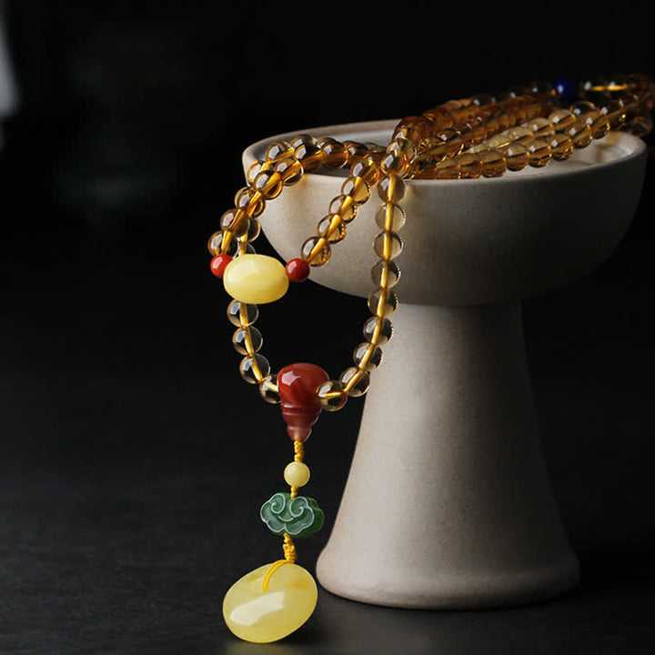 Braccialetto con ciondolo di protezione PiXiu, 108 perle di Mala, ambra citrino naturale, fibbia della pace, agata rossa