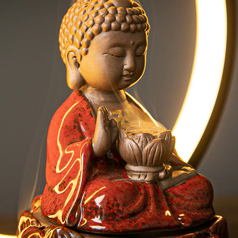 Buddha Stones Buddha Lotus Fontana di fumo a riflusso Bruciatore di incenso di benedizione in ceramica con decorazione luminosa