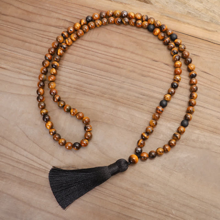 Braccialetto di protezione con nappa in occhio di tigre Buddha Stones, 108 perline Mala