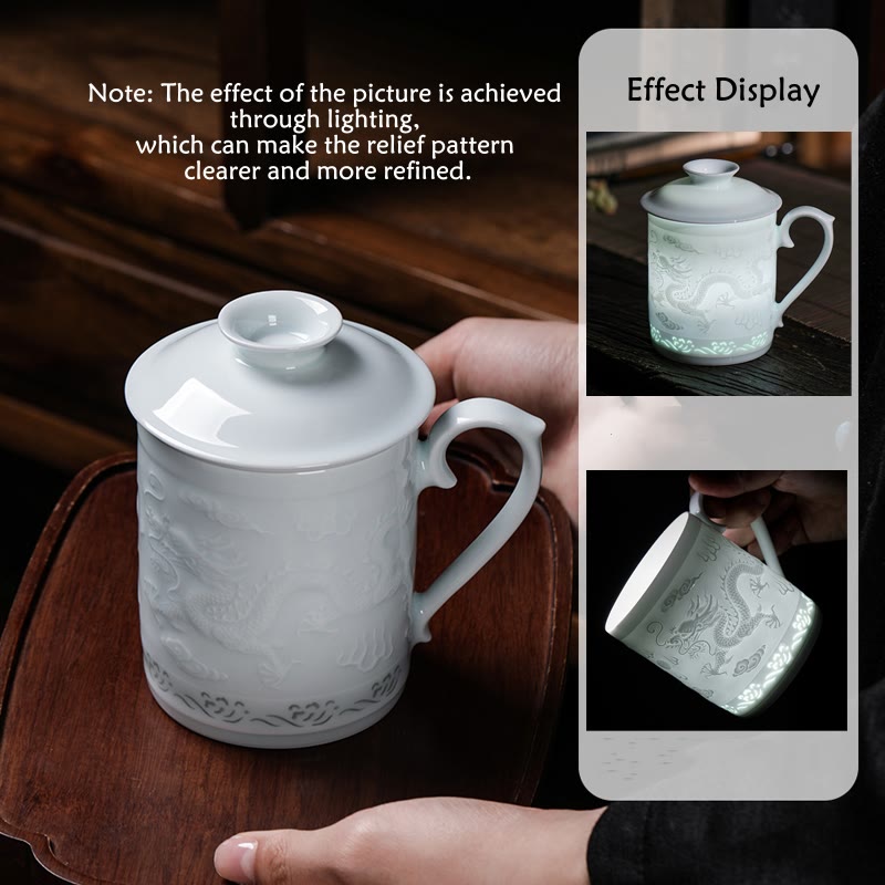 Buddha Stones Jingdezhen Linglong Porcellana Drago di Buon Auspicio Barca Fenice Navigazione Liscia Tazza da Tè in Ceramica Tazze da Tè da Ufficio 420ml