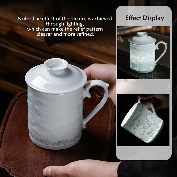 Buddha Stones Jingdezhen Linglong Porcellana Drago di Buon Auspicio Barca Fenice Navigazione Liscia Tazza da Tè in Ceramica Tazze da Tè da Ufficio 420ml
