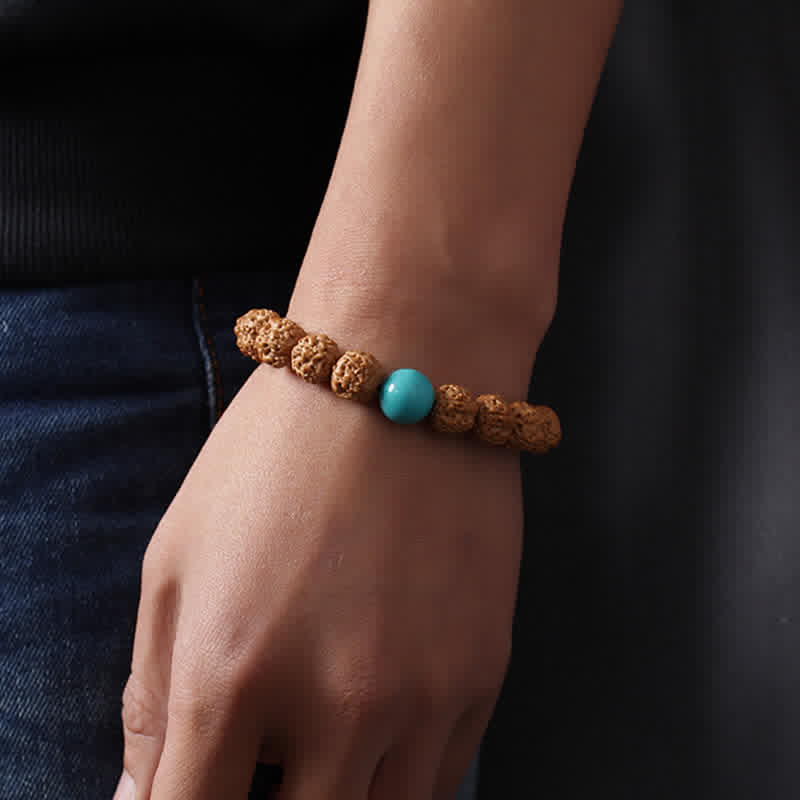 Buddha Stones Tibet Rudraksha Bodhi Seed Dzi Bead Ambra Turchese Bracciale della Ricchezza