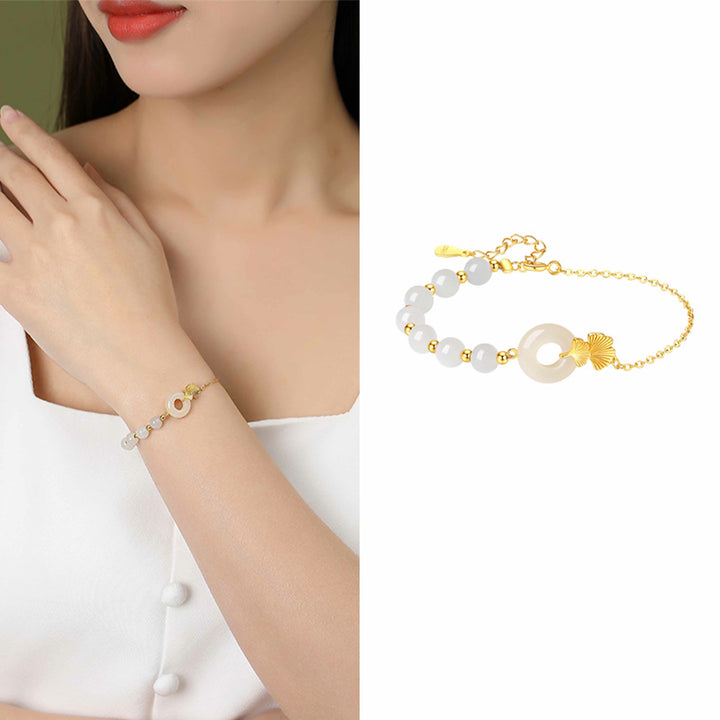 Braccialetto della fortuna con foglia di ginkgo e fibbia della pace in argento sterling 925 con Buddha Stones e giada bianca Hetian