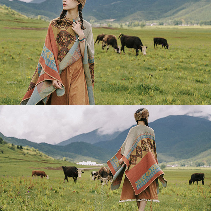 Scialle tibetano con motivo a diamante Buddha Stones, caldo mantello invernale