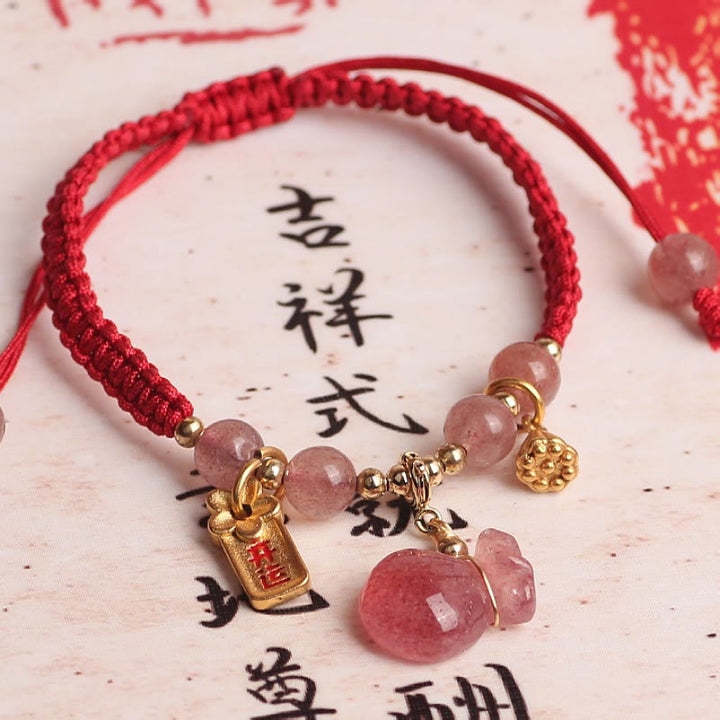 Braccialetto intrecciato con corda rossa, Buddha Stones naturale, sacchetto di denaro con loto