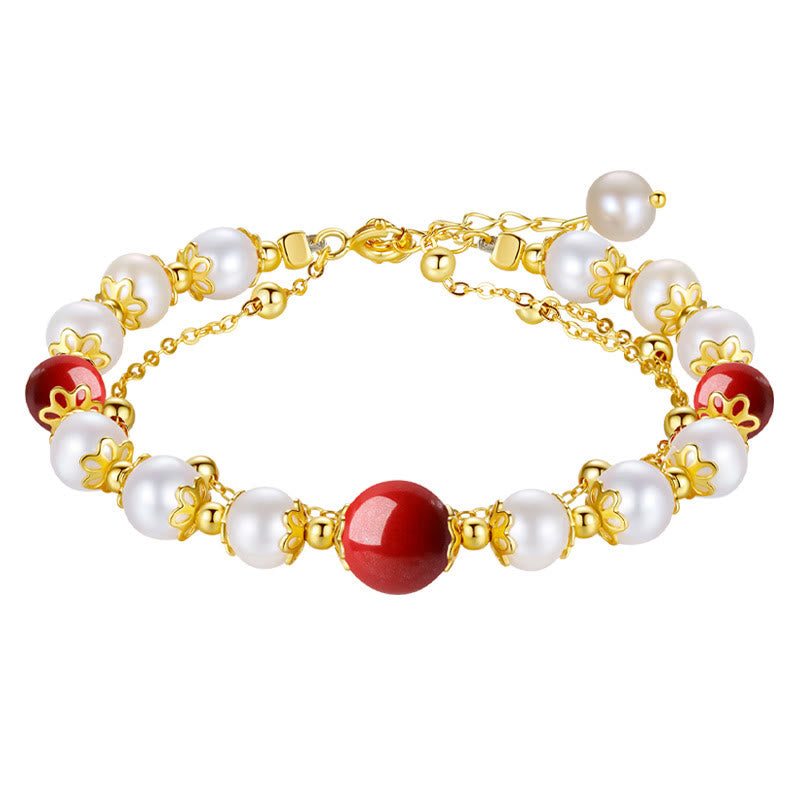 Bracciale a catena a doppio strato con perle di cinabro e argento sterling 925 Buddha Stones