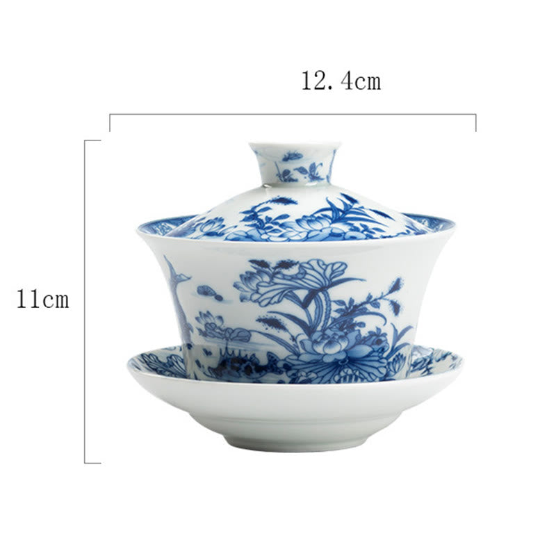 Buddha Stones Blu e Bianco Porcellana Loto Koi Pesce Danza del Leone Anguria Ceramica Gaiwan Sancai Tazza da Tè Kung Fu Tazza da Tè e Piattino con Coperchio 300ml