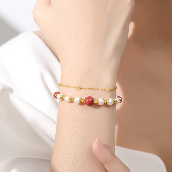 Bracciale a catena a doppio strato con perle di cinabro e argento sterling 925 Buddha Stones