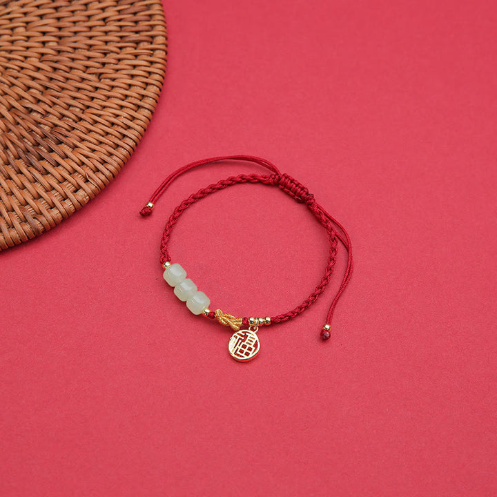 Braccialetto con corda rossa con ciondolo a forma di carattere Fu, con perline di giada lavorate a mano Buddha Stones
