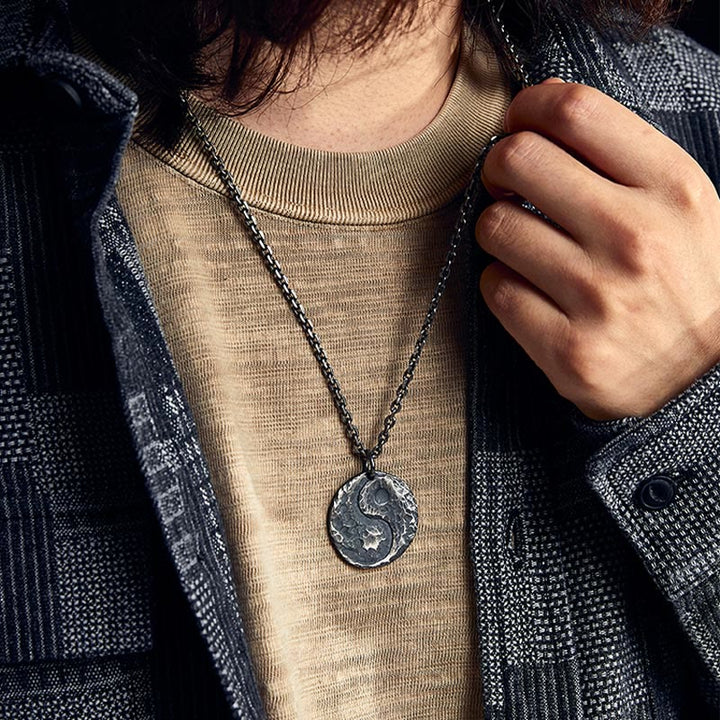 Buddha Stones 990 Sterling Silver Yin Yang Hammer Texture Collana con ciondolo Armonia - image 9