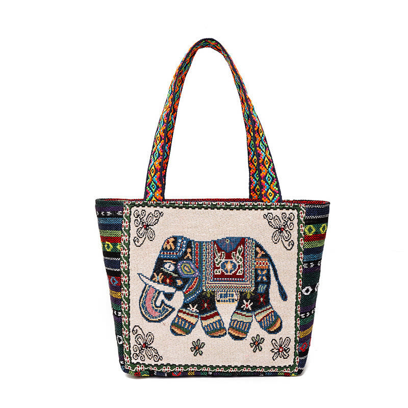 Borsa a tracolla in tela di grande capacità ricamata con elefante e farfalla , Buddha Stones - Elefante Beige - image 0