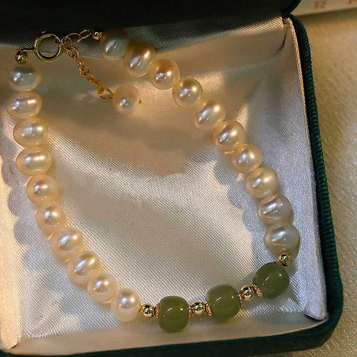 Braccialetto a catena con perle di sincerità in giada bianca e giada ciano di Hetian, placcato in oro 14K