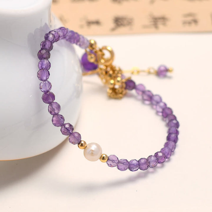 Bracciale a catena a doppio strato con cristalli di ametista placcati in oro 14K Buddha Stones
