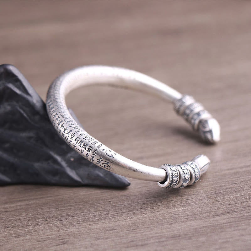 Buddha Stones 999 Sterling Silver Heart Sutra Om Mani Padme Hum Inciso Peace Purezza Bracciale Bangle - image 7