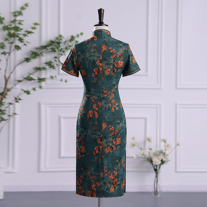 Abito da donna in cheongsam con stampa di piume di peonia e fiori di loto retrò Buddha Stones