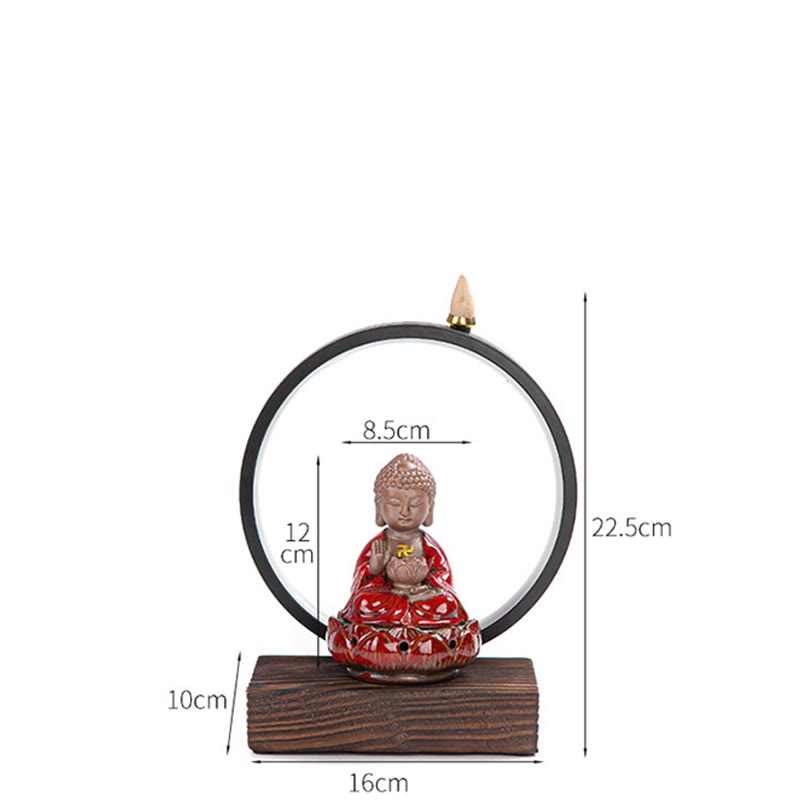 Buddha Stones Buddha Lotus Fontana di fumo a riflusso Bruciatore di incenso di benedizione in ceramica con decorazione luminosa