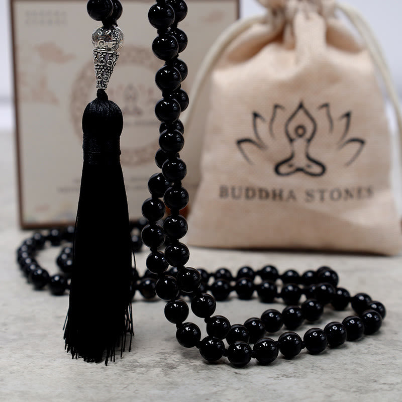 Buddha Stones 108 Mala Perle di Onice Nero Yoga Meditazione Preghiera Collana
