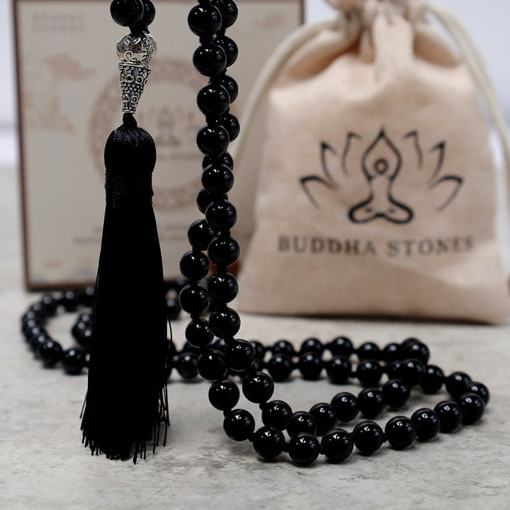 Buddha Stones 108 Mala Perle di Onice Nero Yoga Meditazione Preghiera Collana