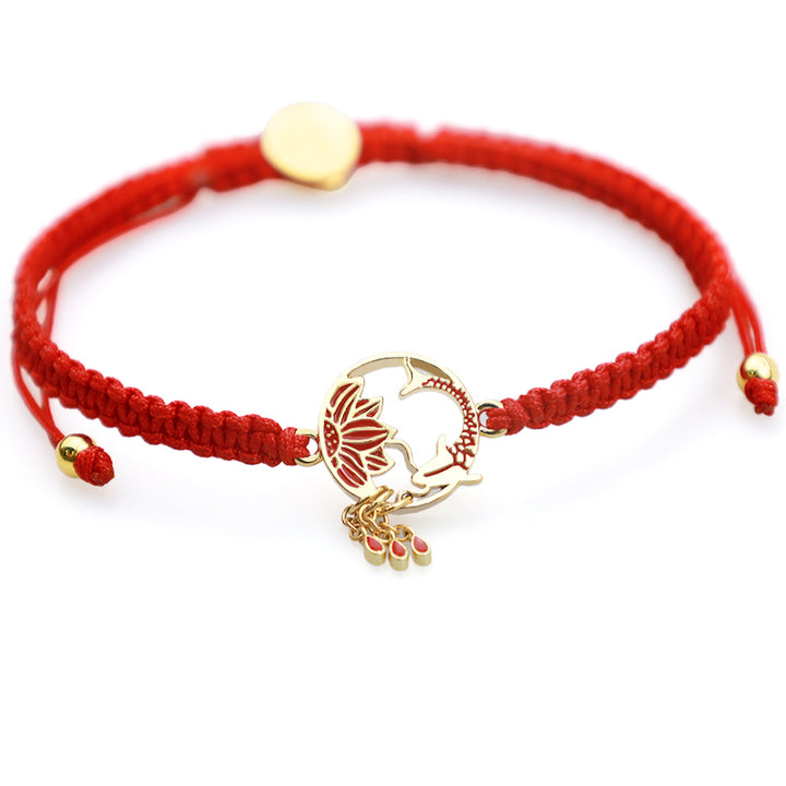 Braccialetto portafortuna rosso con corda, fatto a mano in Buddha Stones, tibetano, con pesce di loto e carpa koi