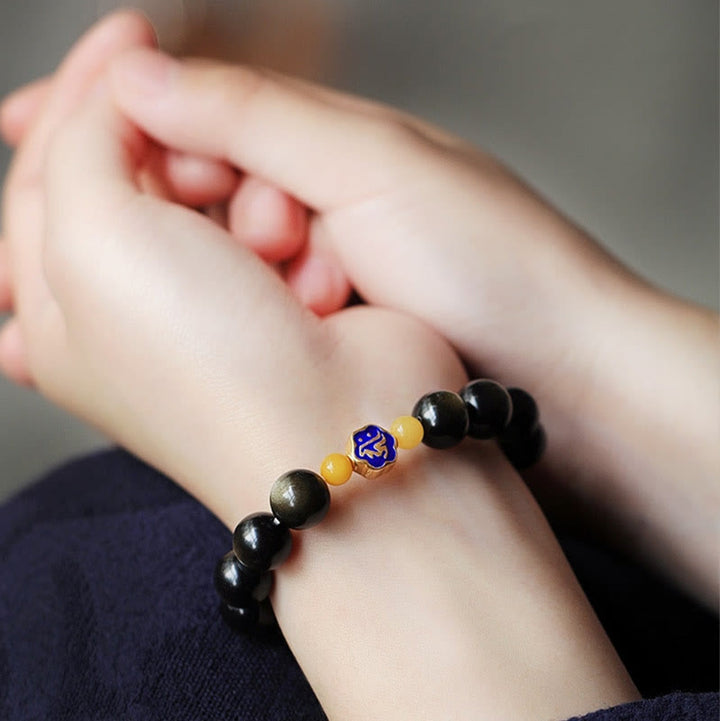 Bracciale Buddha Stones 925 Sterling Silver Zodiaco Cinese Buddha Natale Naturale Oro Lucentezza Ossidiana Ambra Protezione Ricchezza - image 11