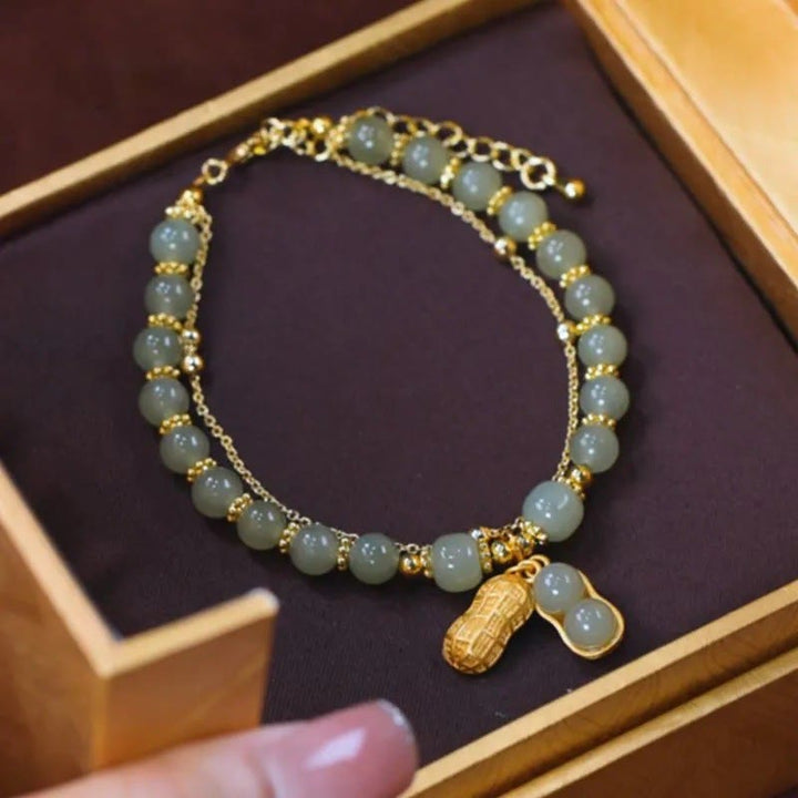 Braccialetto di perline con carattere Fu , Buddha Stones di giada, foglia di ginkgo, tulipano, arachidi e fortuna
