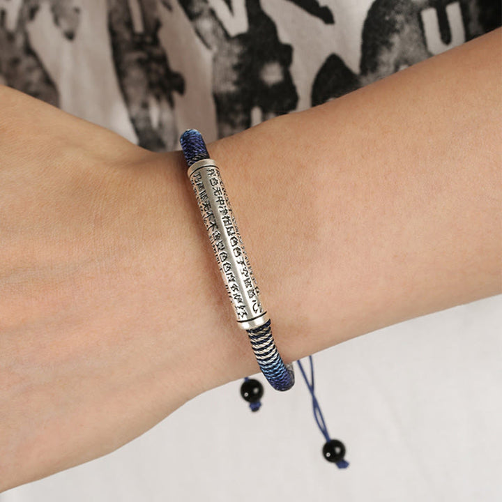 Braccialetto intrecciato fatto a mano con Buddha Stones in argento sterling 999 e cuore Sutra Calma