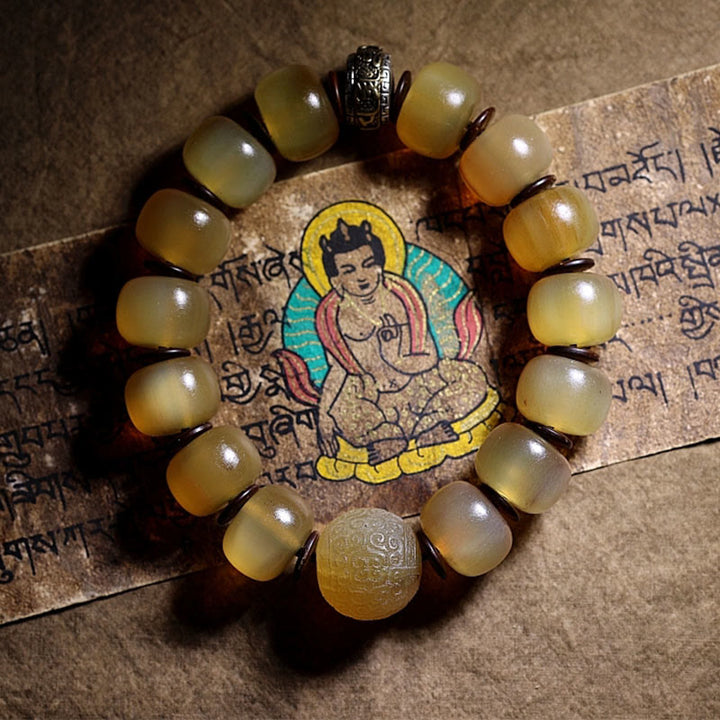 Braccialetto di auspicio Om Mani Padme Hum in corno di pecora tibetano fatto a mano con Buddha Stones