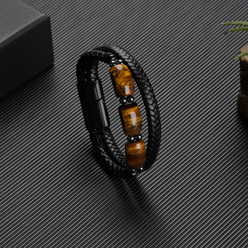 Braccialetto in pelle con fibbia magnetica e protezione naturale dell'occhio di tigre Buddha Stones